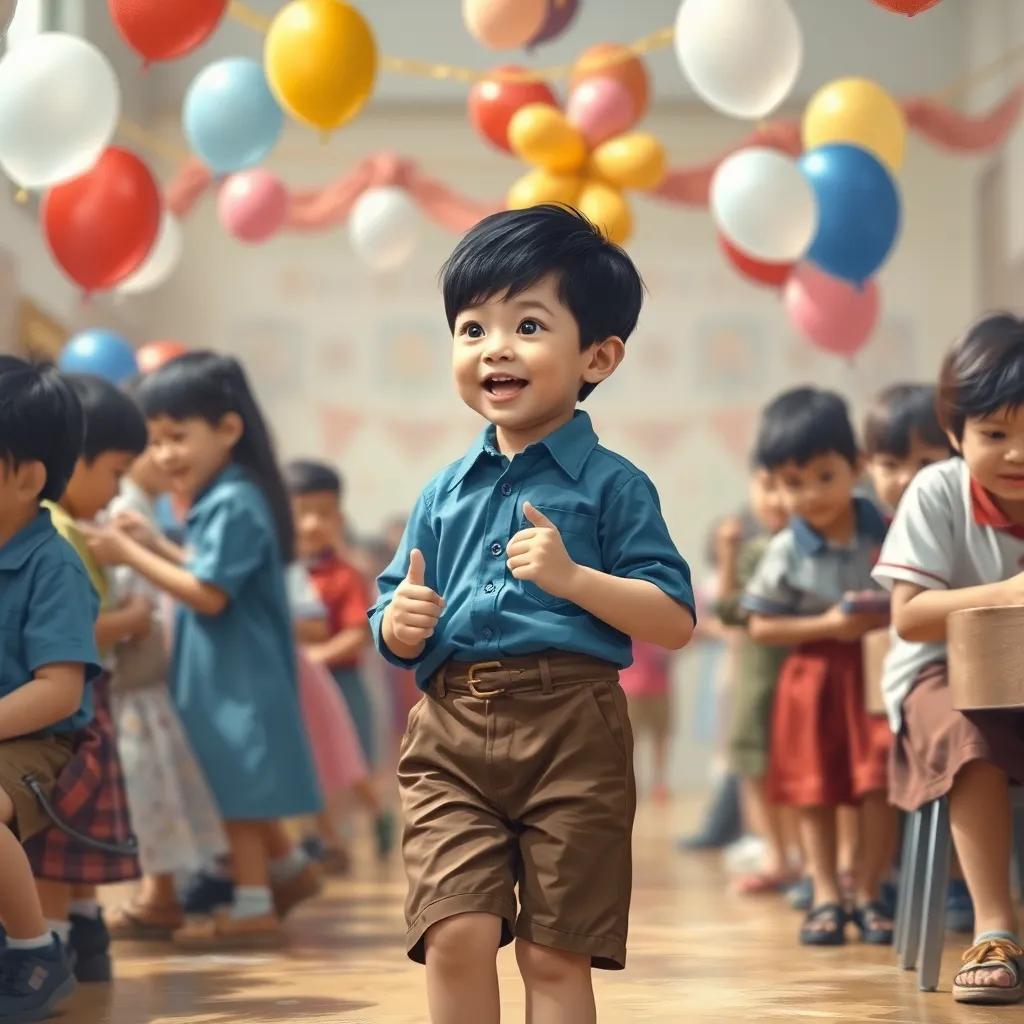 يوسف, a small boy with short black hair in a blue shirt and brown shorts, at a school event with balloons and decorations, feeling excited, joyful atmosphere, community spirit