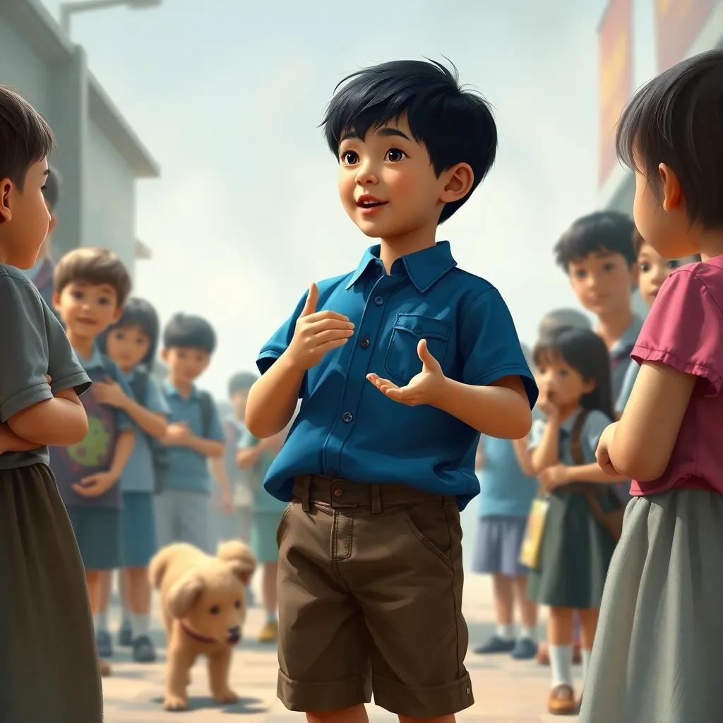 يوسف, a small boy with short black hair in a blue shirt and brown shorts, talking passionately to his classmates at the school event about protecting animals, enthusiastic expressions, engaging atmosphere