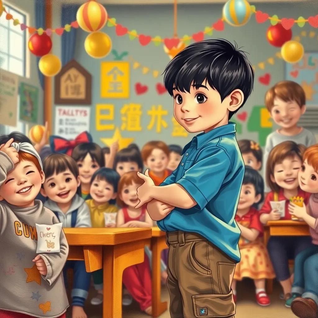 يوسف, a small boy with short black hair in a blue shirt and brown shorts, thanking his teacher at a colorful school event filled with smiling faces and decorations, heartwarming atmosphere, supportive environment