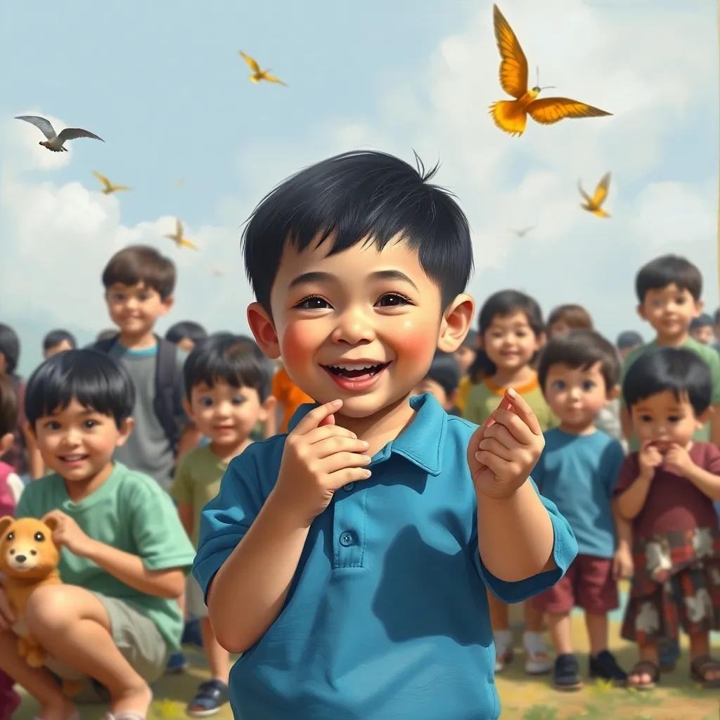 يوسف, a small boy with short black hair in a blue shirt and brown shorts, playing happily with other children at the school event, with everyone displaying their love for nature and animals, cheerful and fun