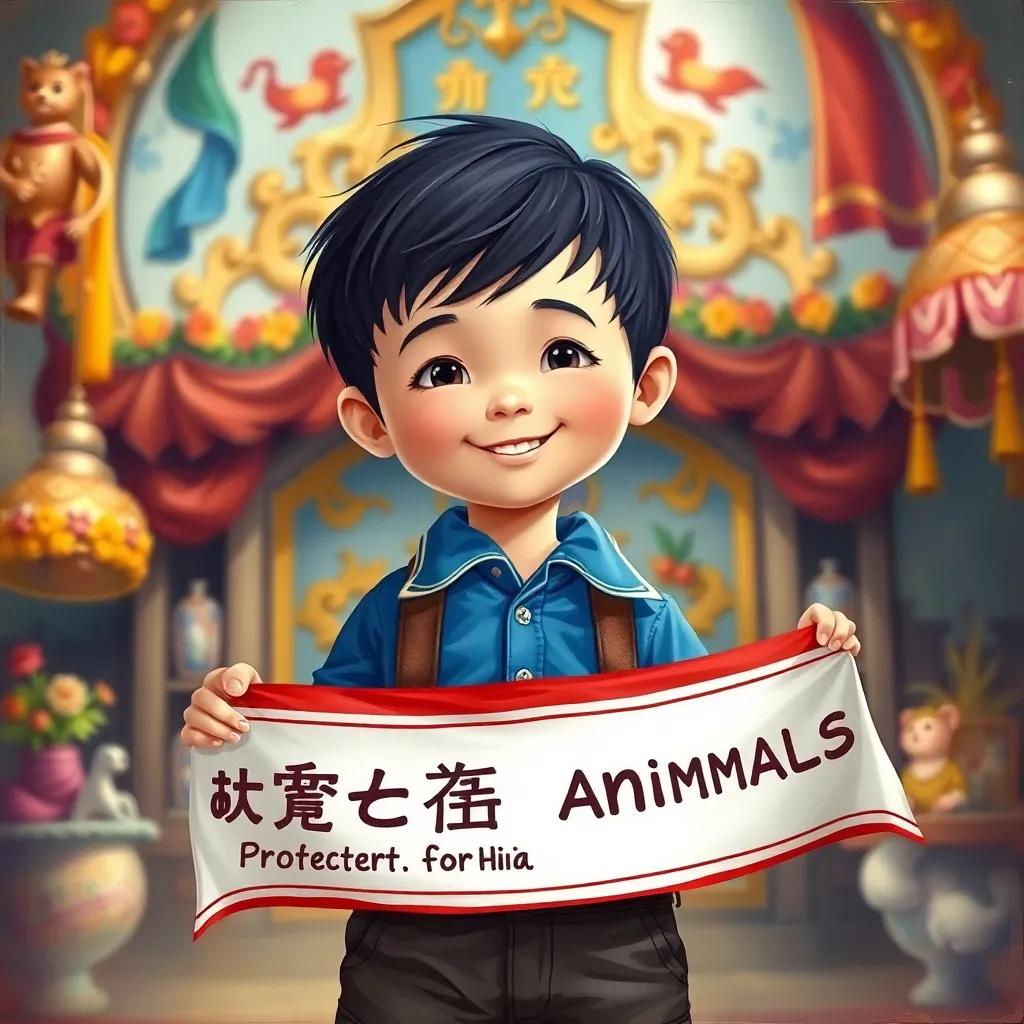 يوسف, a small boy with short black hair in a blue shirt and brown shorts, looking proud and happy with a banner about protecting animals, surrounded by colorful decorations, inspiring atmosphere, child-friendly