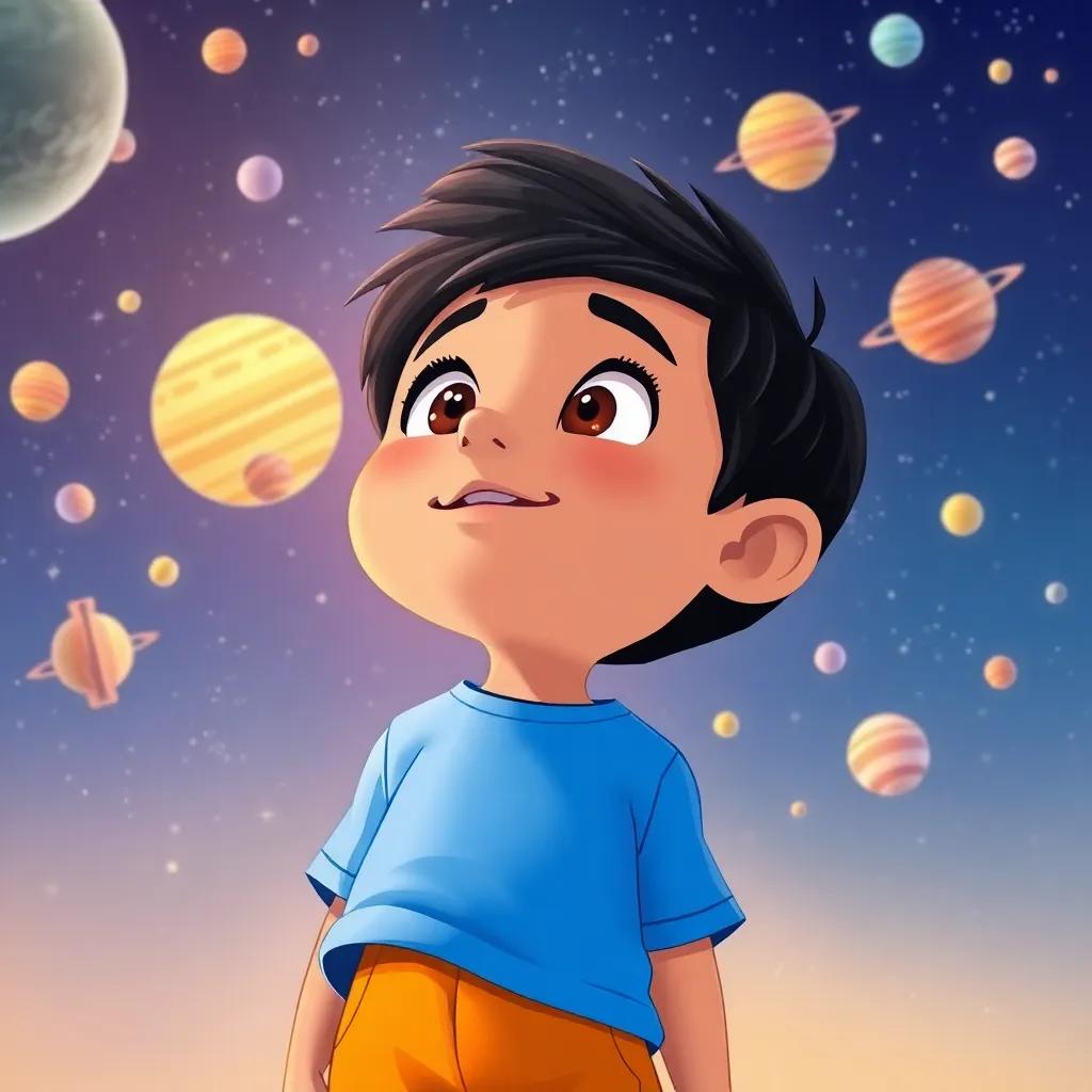 A young Arab boy, Yusuf, with short black hair, wearing a bright blue t-shirt and orange shorts, looking up at a starry sky filled with planets, illustration, colorful, vibrant, playful, child-friendly