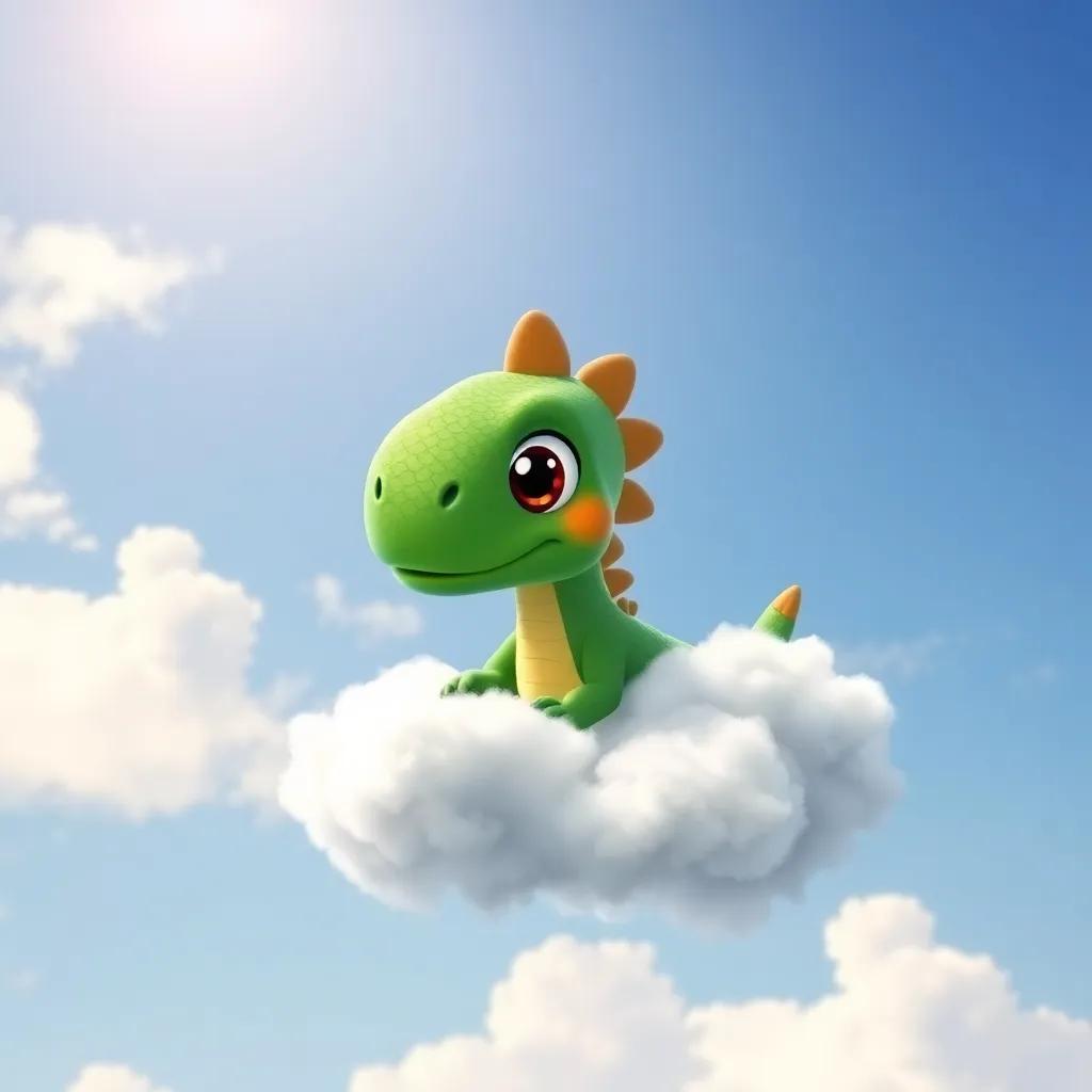 A friendly little dinosaur named Dino, with green scales and big eyes, appearing from a fluffy cloud in a bright blue sky, cheerful, child-friendly, high quality, adventure-themed