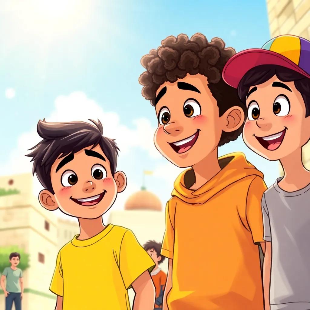 A sunny day in Jerusalem, four boys: Yusuf, a young Arab boy, with black hair wearing a bright t-shirt, smiling and suggesting, next to Saeed, a young Arab boy with curly hair, wearing a colorful cap, excitedly agreeing, illustration, cheerful atmosphere, warm sunlight, playful, high quality