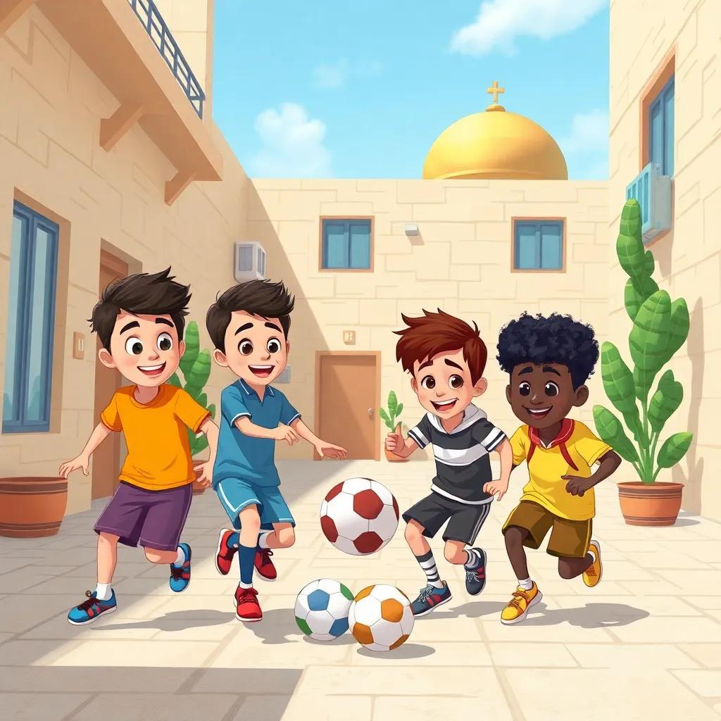 A school courtyard in Jerusalem, four boys playing soccer, Yusuf with a bright t-shirt, Saeed with a colorful cap, Az with short brown hair in a sports outfit, and Mustafa with curly black hair, happy and working together, illustration, bright colors, joyful spirit, high quality