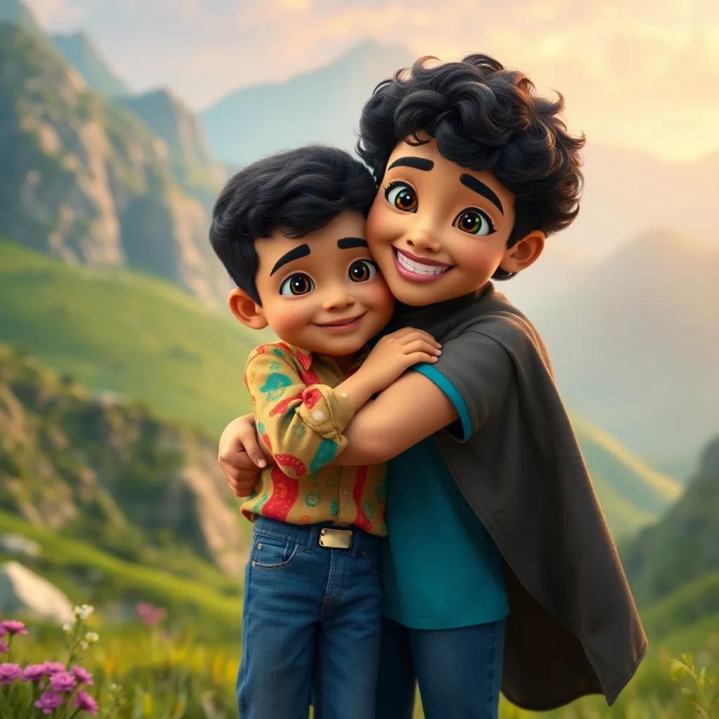 A young Arab boy, Yusuf, with curly black hair, wearing a colorful shirt and jeans, hugging his mother in a green valley surrounded by mountains, vibrant colors, joyful atmosphere, high quality