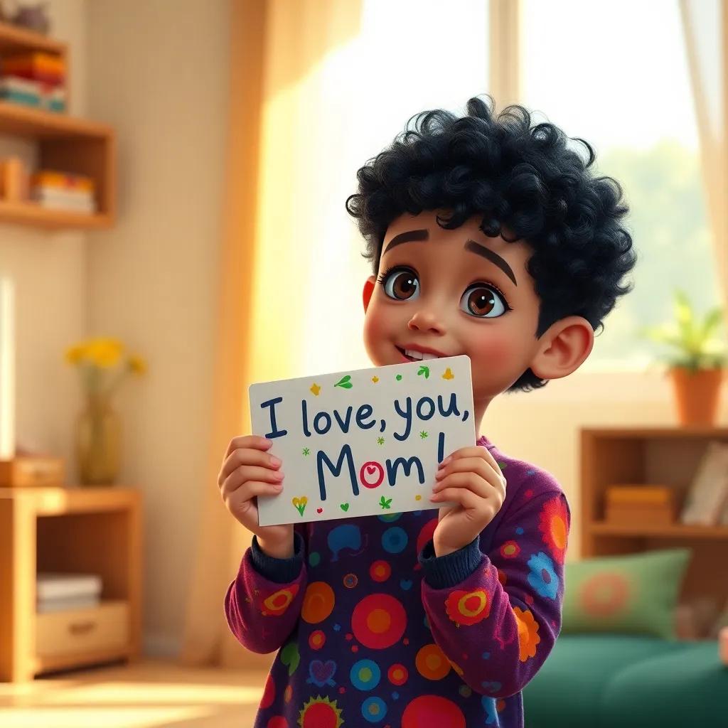 Yusuf, a young Arab boy with curly black hair in a colorful shirt, holding a handmade colorful card with the words "I love you, Mom!" in a sunny room, emotional moment, warm light, bright colors, heartwarming scene