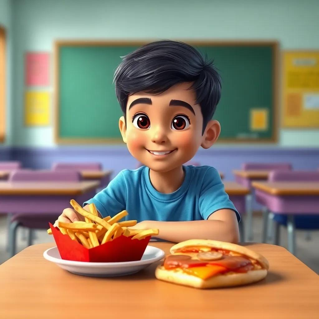 A young Arab boy, يوسف, with short black hair wearing a blue t-shirt and jeans, sitting at a school desk with a plate of unhealthy fast food like fries and pizza, classroom background, child-friendly, colorful, cheerful atmosphere