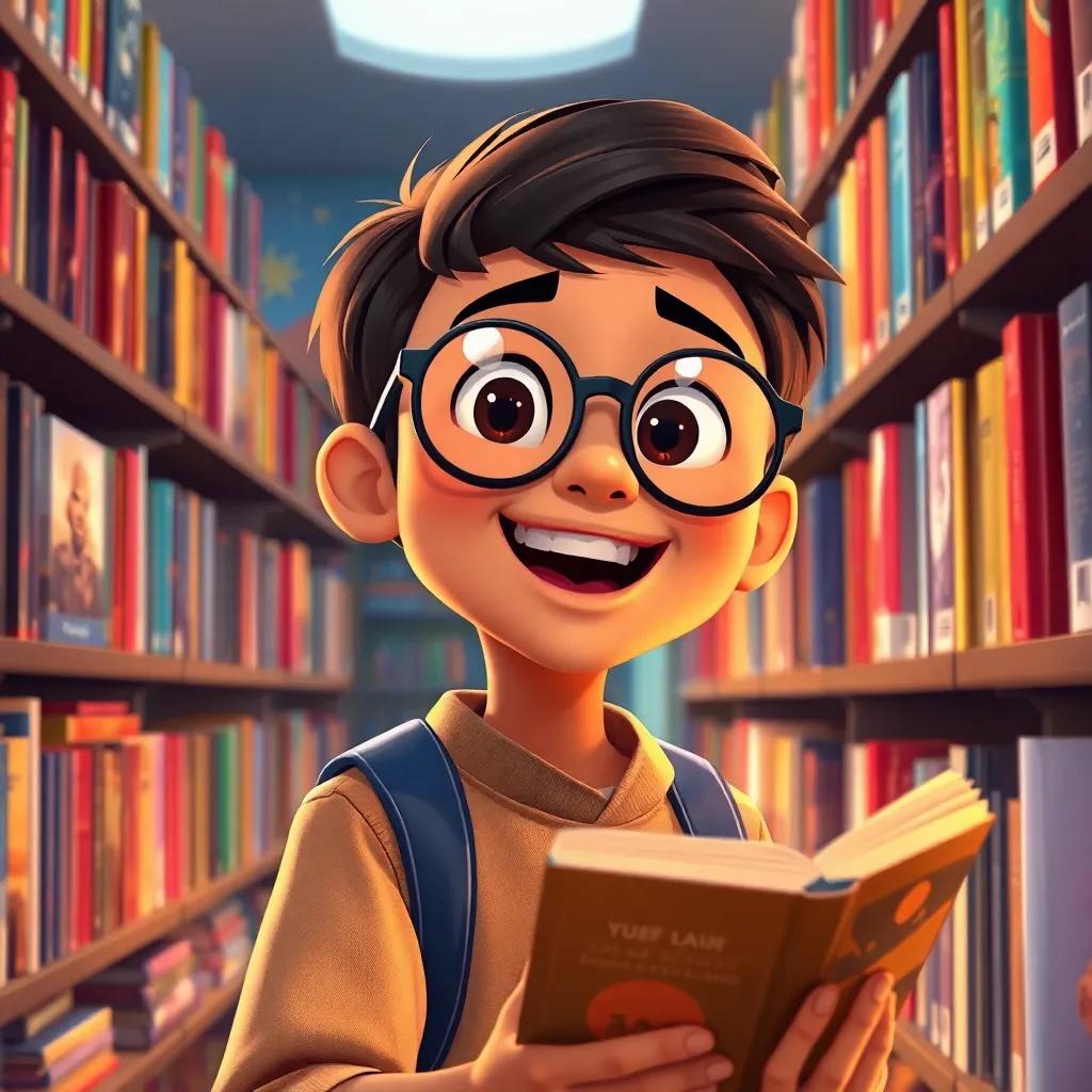 A young Arab boy, Yusuf, wearing glasses and a school uniform, excitedly exploring a library filled with colorful books about space, warm lighting, cheerful atmosphere, high quality