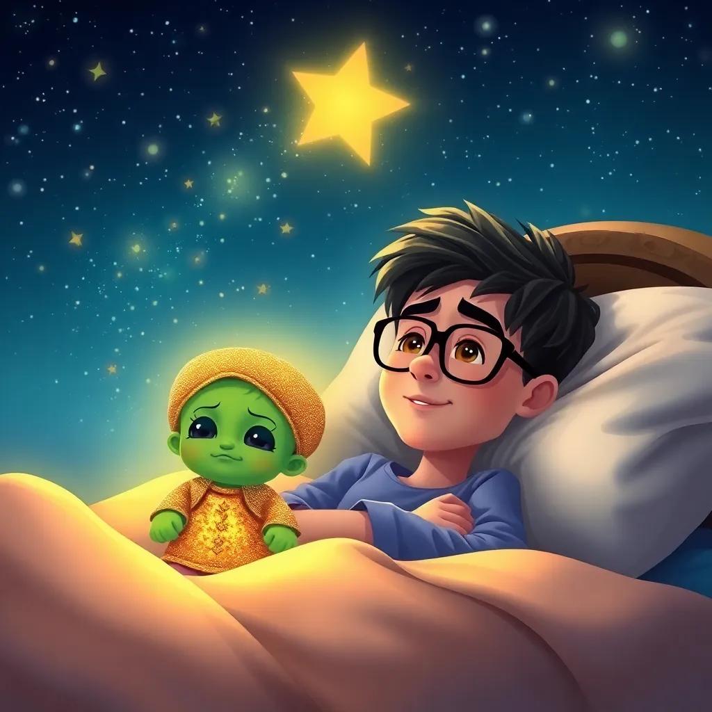 Yusuf, a young Arab boy with glasses, lying in his cozy bed, dreaming of two children, Haadi and Haadiya, who have green skin and sparkling golden clothes, under a starry sky, magical scene, vibrant colors, cozy feeling, high quality