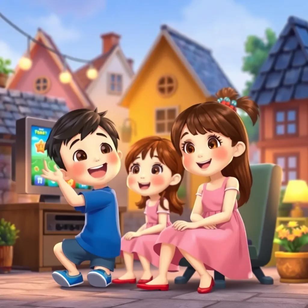 A small town scene with two children, a young boy, يوسف, with short black hair, wearing a blue t-shirt and shorts, and a young girl, نورا, with long brown hair, wearing a pink dress, excitedly sitting in front of a computer with colorful game graphics on the screen, digital art, cheerful atmosphere, warm colors, high quality, inviting