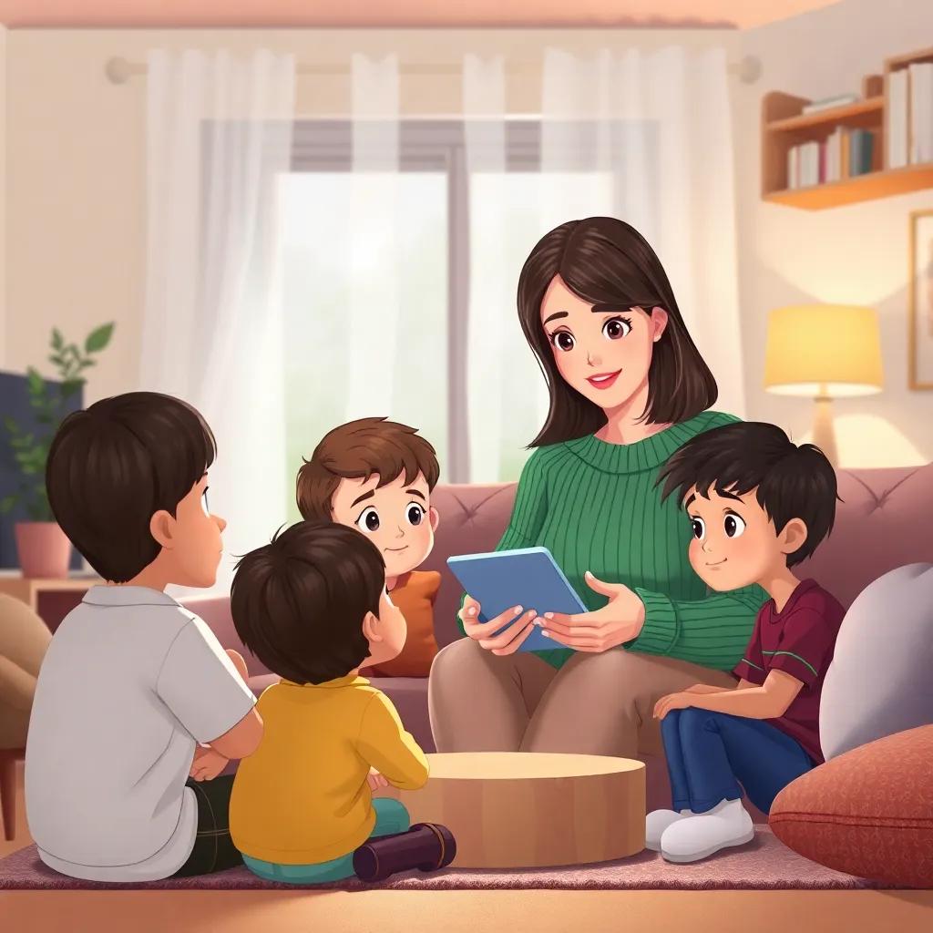 A cozy living room where the mother, with medium-length hair and wearing a green sweater, is explaining online safety to her children, يوسف and نورا, who are listening intently with expression of curiosity, detailed illustration, soft lighting, warm setting, friendly feeling