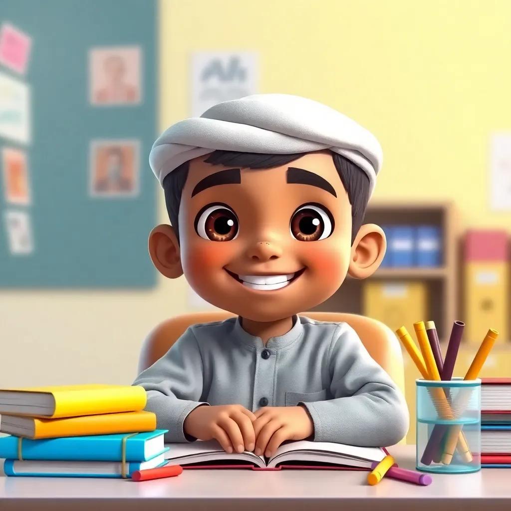 A young Omani boy, Yusuf, with bright eyes and a big smile, sitting at a school desk surrounded by colorful books and school supplies, digital art, cheerful, vibrant colors, friendly atmosphere, high quality