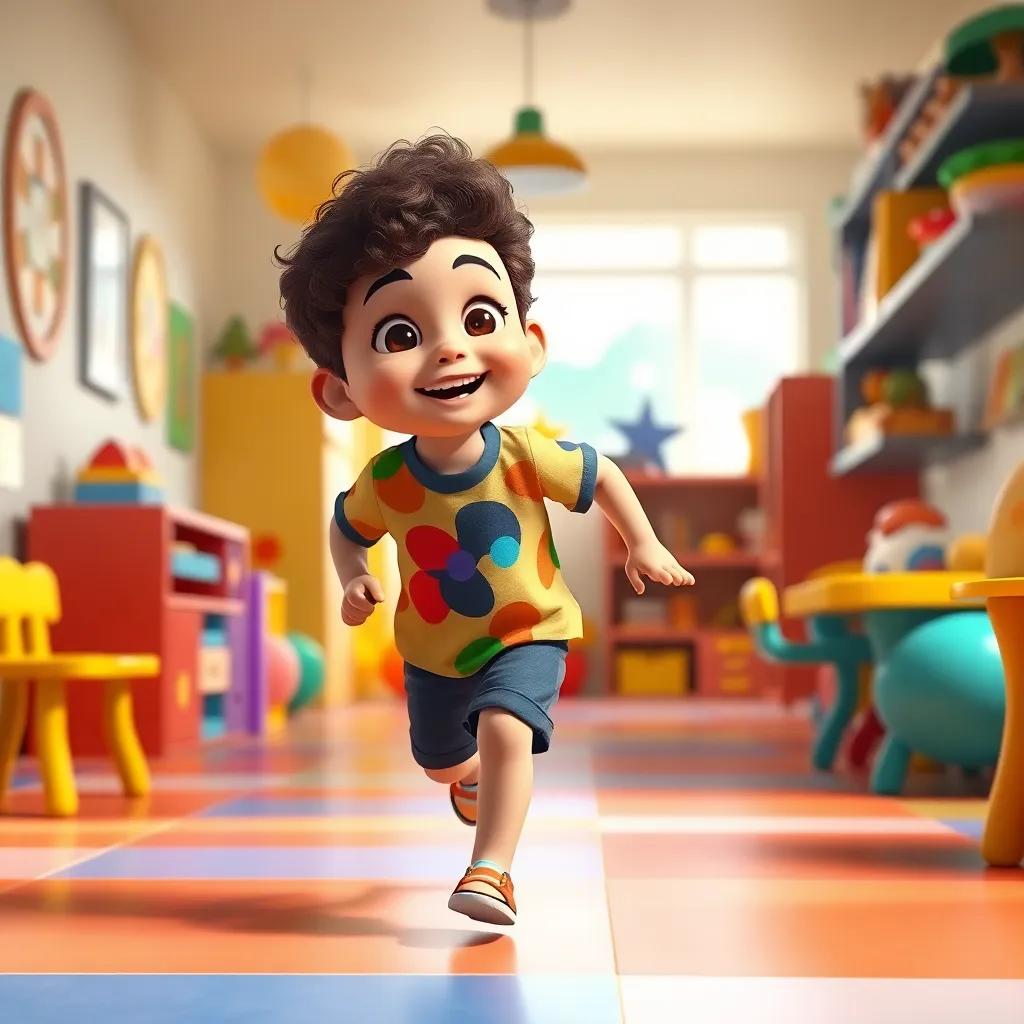 A young Arab boy, Ahmed, with curly hair wearing a colorful t-shirt and shorts, happily running in a bright and cheerful playroom towards his caregiver Meryam, digital art, vibrant colors, joyful atmosphere, high quality