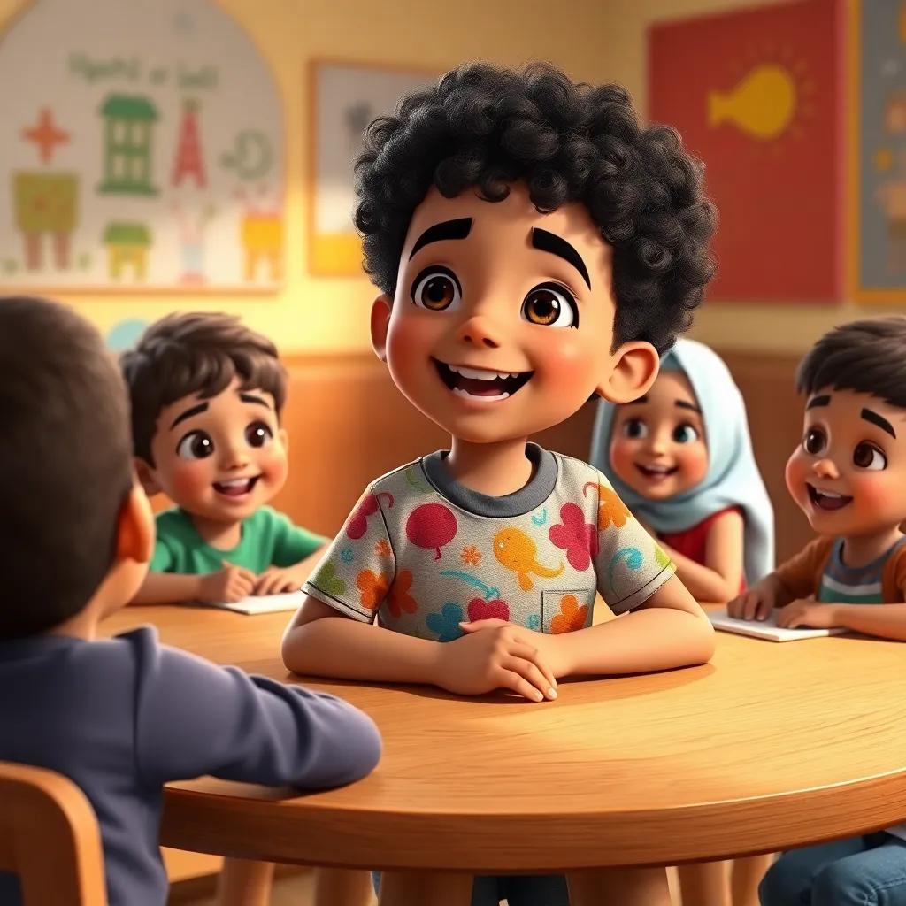 A young Arab boy, Ahmed, with curly hair wearing a colorful t-shirt and shorts, sitting at a round table with other children, singing and smiling with his caregiver Meryam, colorful drawings on the walls, warm light, engaging scene, high quality