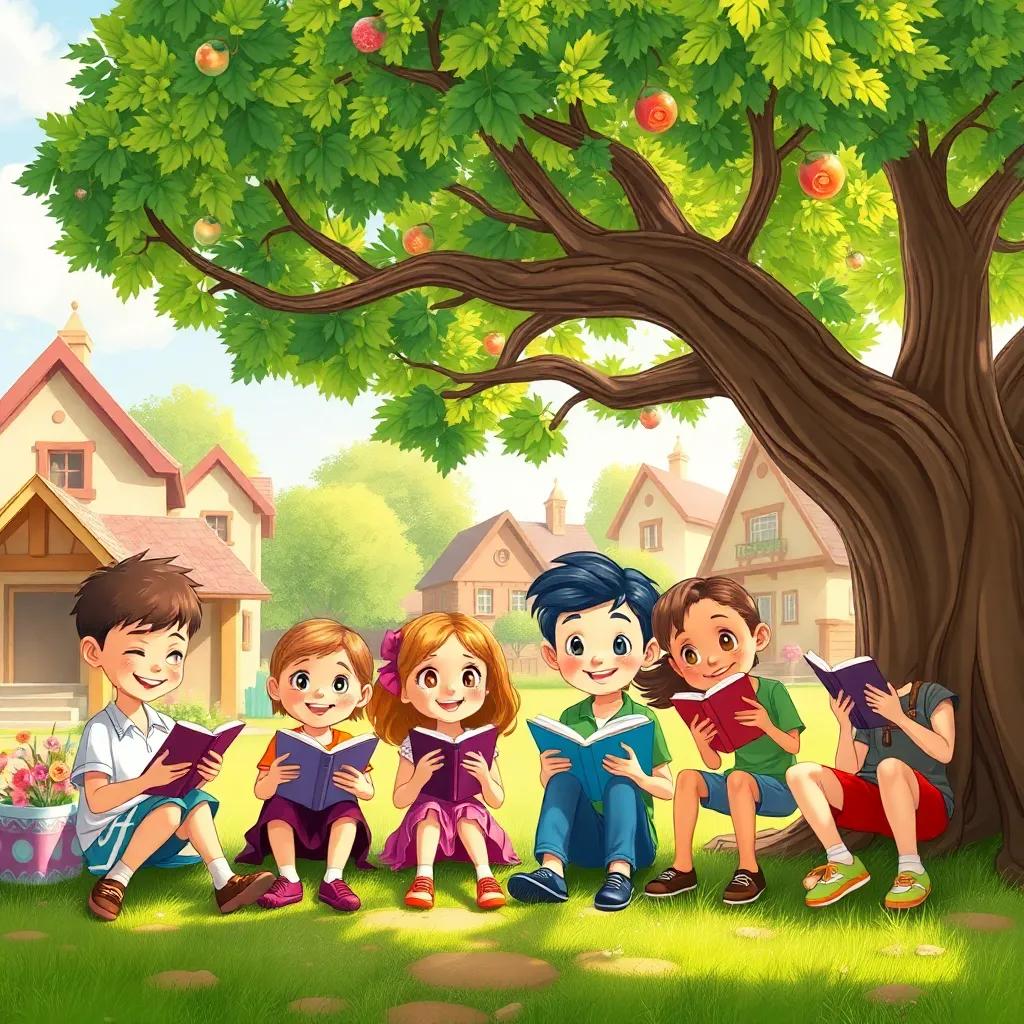A group of joyful children in a small town, writing in their diaries under a big tree, colorful illustrations, bright sunlight, playful atmosphere, high quality