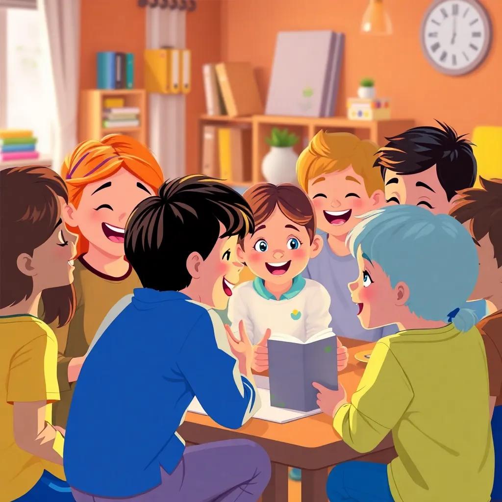 A colorful gathering of children sharing creative ideas after school, with smiles and excitement, cheerful digital art, warm tones, joyful perspective, vibrant quality