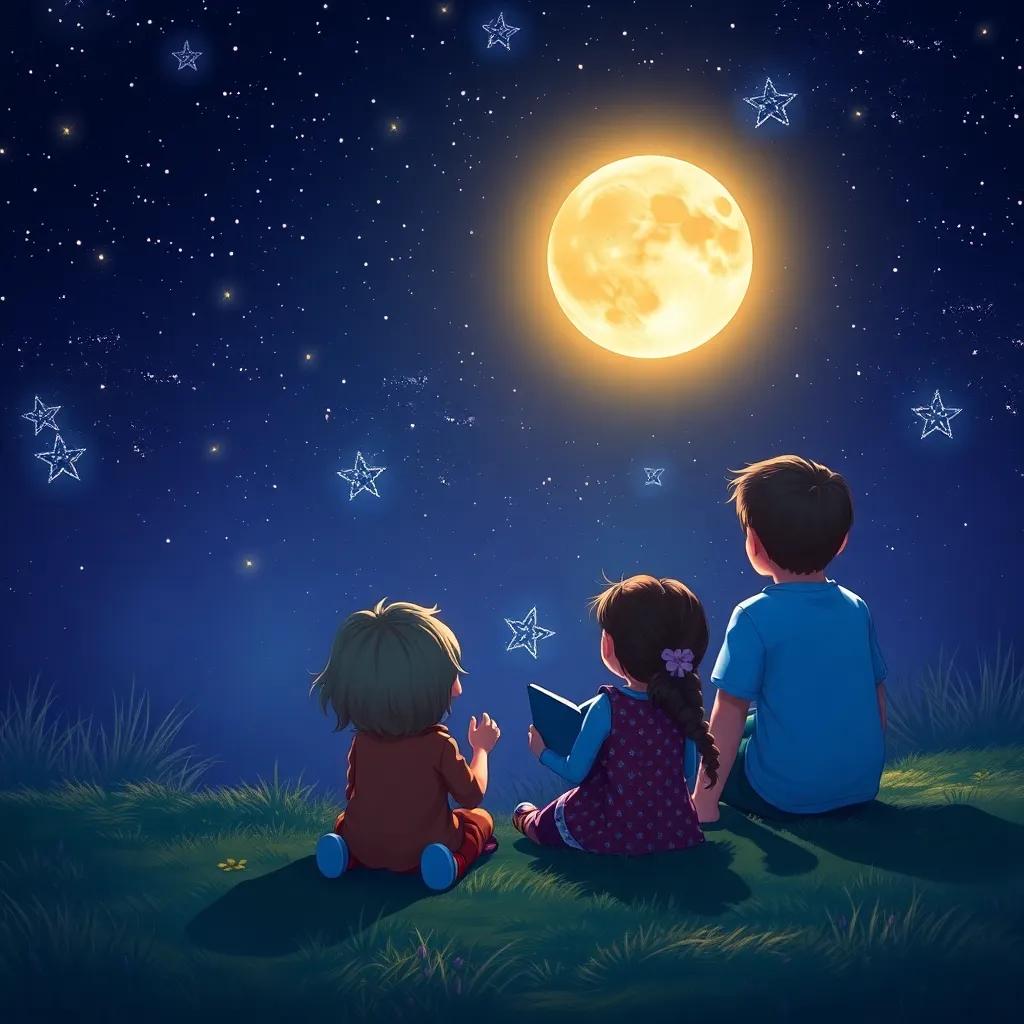 A magical night scene with children sitting together under a starlit sky, listening to a girl telling a story about a talking moon, imaginative setting, enchanting colors, warm light, high quality