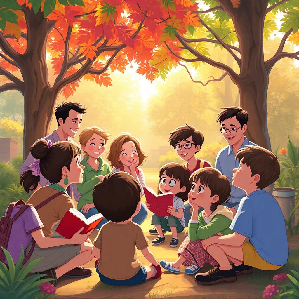 A community of children and adults inspired by the kids' stories, exchanging thoughts and ideas, lively gathering in a cozy park, lively colors, inviting atmosphere, beautiful perspective, high quality