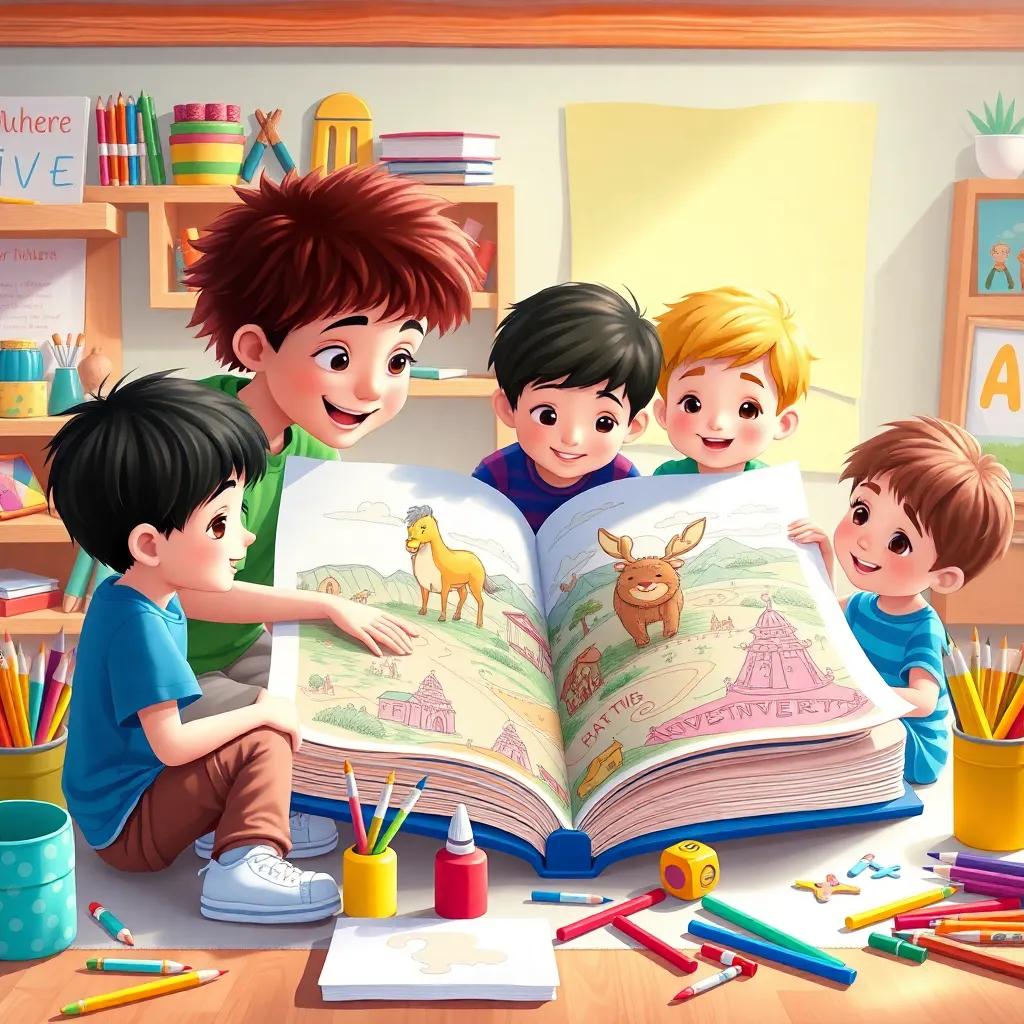 A group of children working together on a big book filled with their adventures, surrounded by art supplies, bright colors, inspiring environment, cheerful atmosphere, vibrant quality