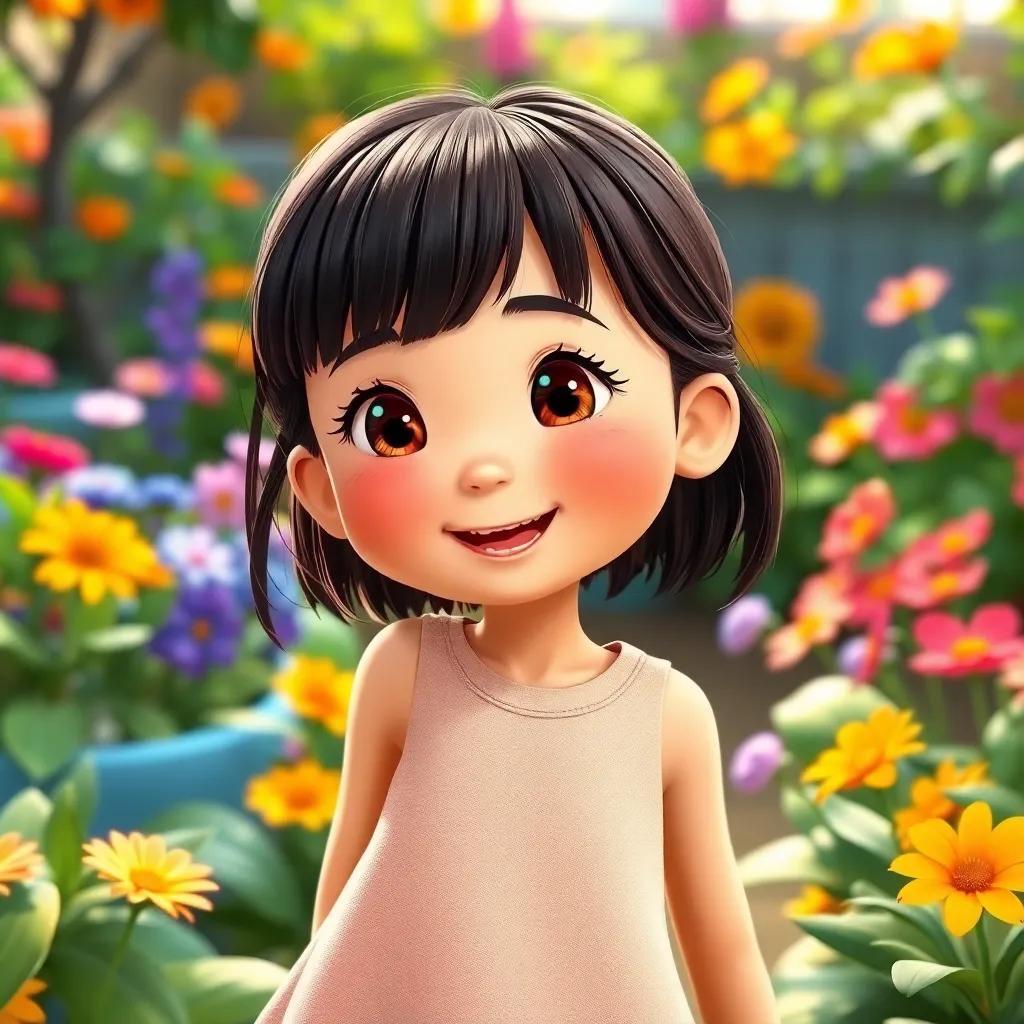 A lively girl named الجازية, 10 years old, with dark brown hair and bangs, playing in a colorful garden, with brown eyes and light tan skin, digital art, cheerful atmosphere, vibrant colors, focus on happiness, high quality