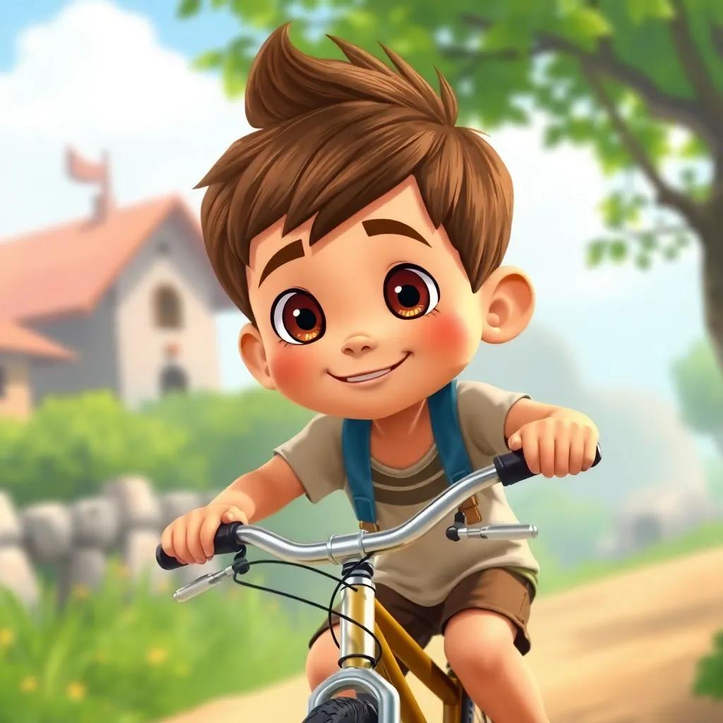 A brave boy named فارس, 8 years old, with very short brown hair and round face, riding a bicycle in the village, with round brown eyes and tan skin, eager to learn, illustration, playful, adventurous spirit, bright colors, heartwarming