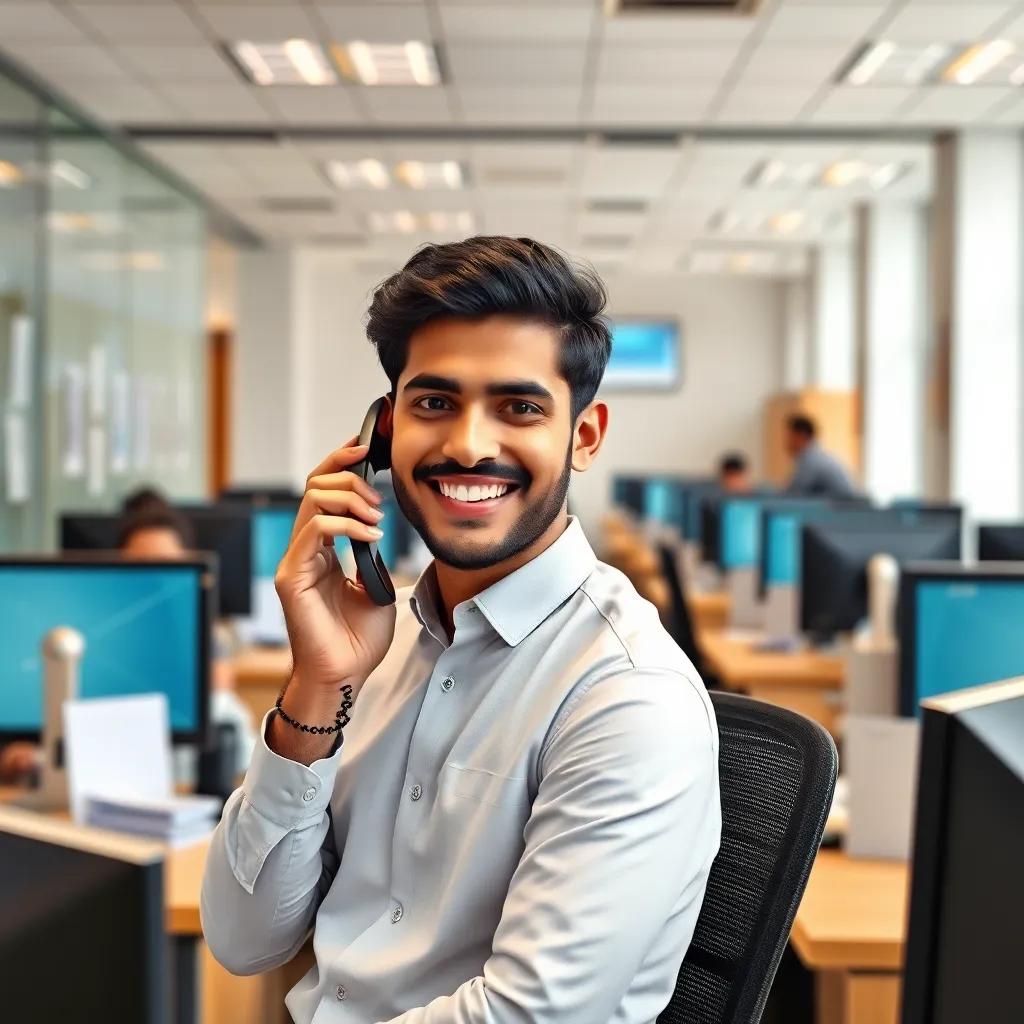 A busy office environment with desks and computers, a young Arab man, Ahmed, wearing a formal shirt, smiling while talking on the phone with a customer, bright and organized space, digital art, realistic, cheerful atmosphere, high quality