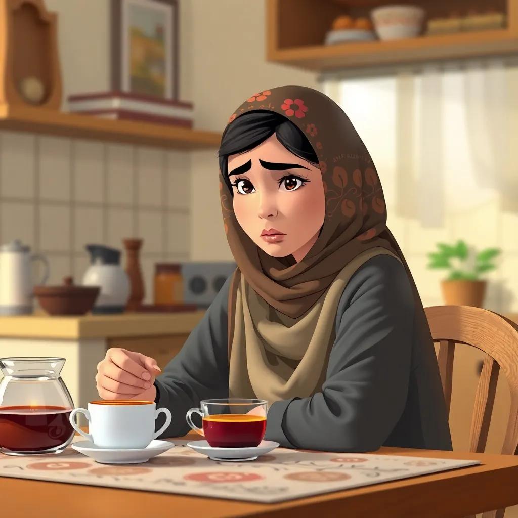 An Arab woman, Leila, with long hair, wearing a colorful hijab, looking frustrated while sitting at a kitchen table with a cup of tea, expressing her concerns about family members living in her home, warm light, homey, illustration, relatable situation, child-friendly