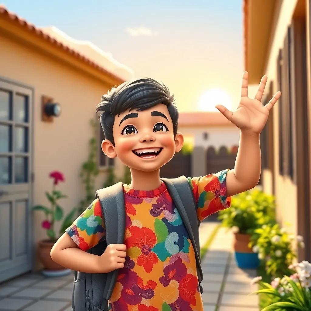 A cheerful morning scene with a young Arab boy, Daniel, excitedly waving goodbye to his friends outside his home. He wears a colorful shirt and carries a backpack, with sunny skies in the background, digital art, bright colors, joyful atmosphere, high quality