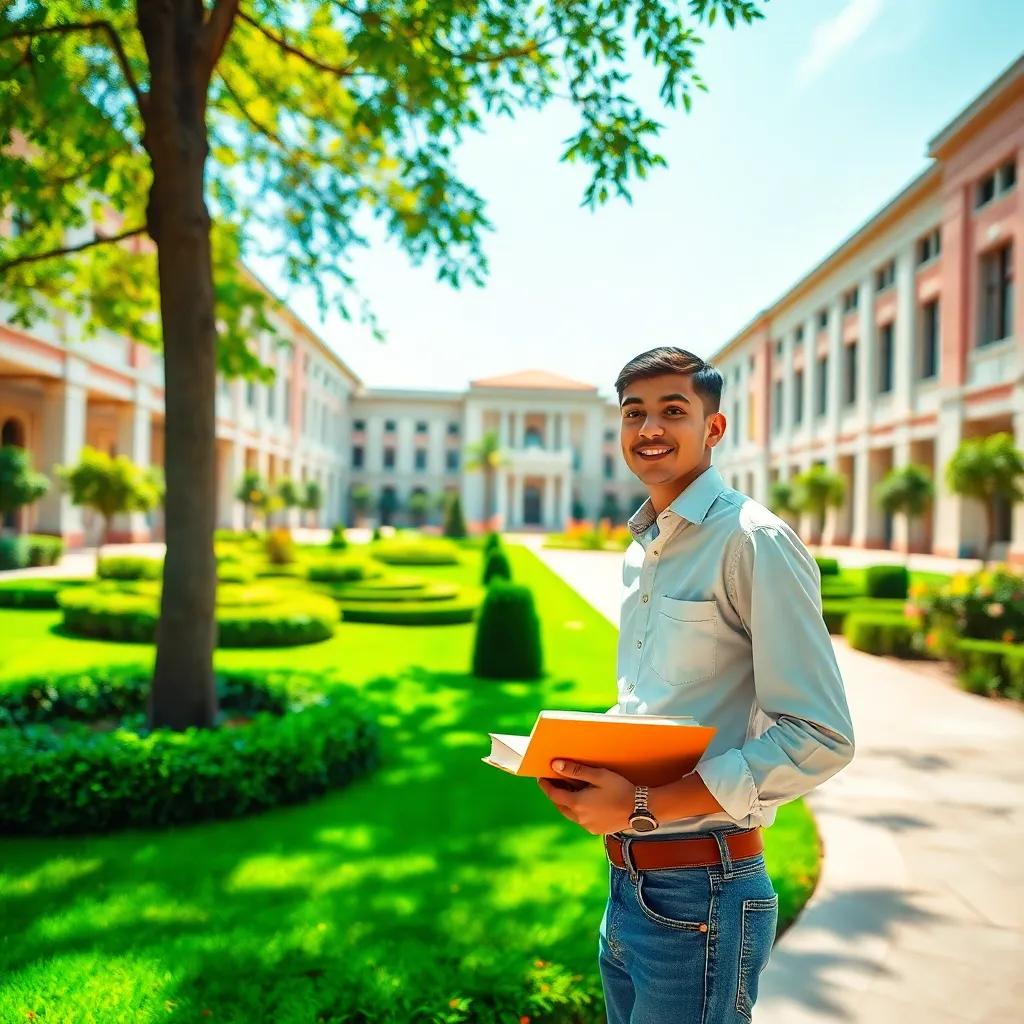 A beautiful university campus with green gardens and impressive buildings, featuring Daniel, a young Arab boy, looking amazed. He is wearing a shirt and jeans, with books in hand, bright sunlight illuminating the scene, vibrant colors, welcoming feeling, high quality