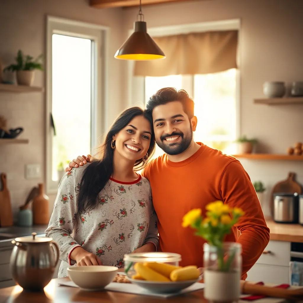 A happy couple, Aisha and Samir, together in their cozy kitchen with sunlight streaming in, showing love and joy, digital art, warm colors, friendly atmosphere, high quality