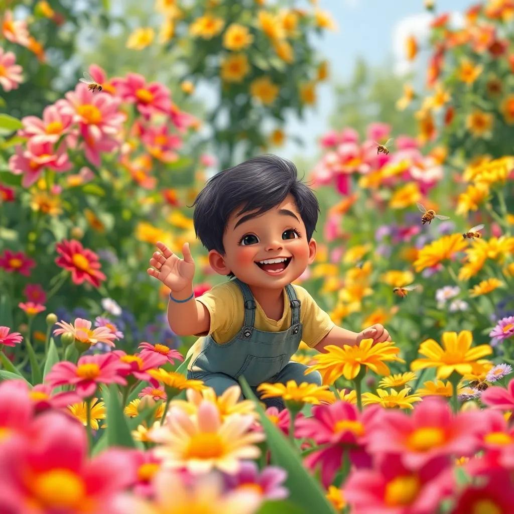 Kareem, a small boy playing joyfully in a colorful garden filled with blooming flowers, bees buzzing around, bright sunny day, illustration, vibrant colors, child-friendly, adventure theme