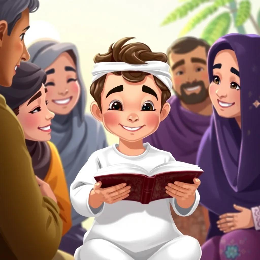 A young Arab boy, Yasser, with short, wavy hair wearing a traditional thobe, reading the Quran with a smile, surrounded by supportive parents and friends, vibrant colors, peaceful environment, uplifting scene, illustration