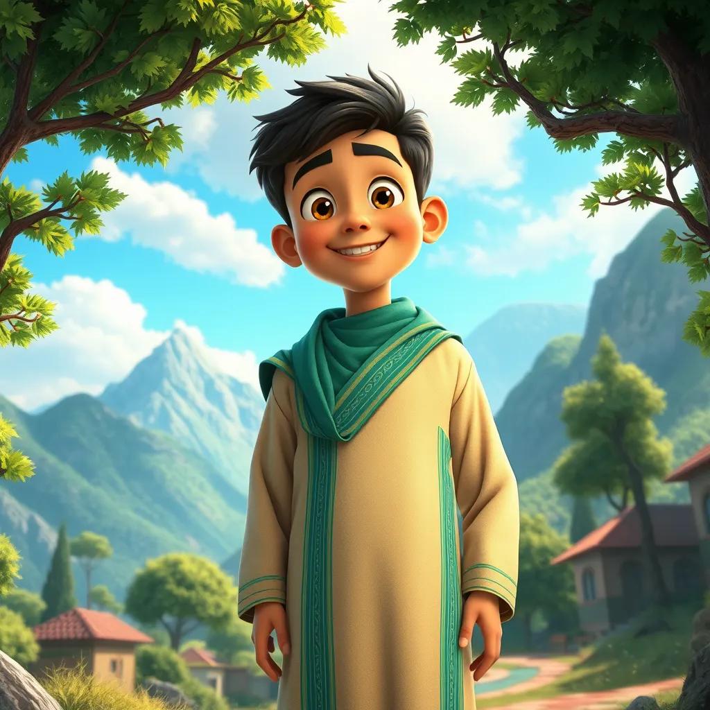 A young arab boy, Yasin, wearing a traditional colorful thobe, standing in a green mountain village with trees and a beautiful blue sky, looking curious and cheerful, digital art, vibrant colors, warm atmosphere