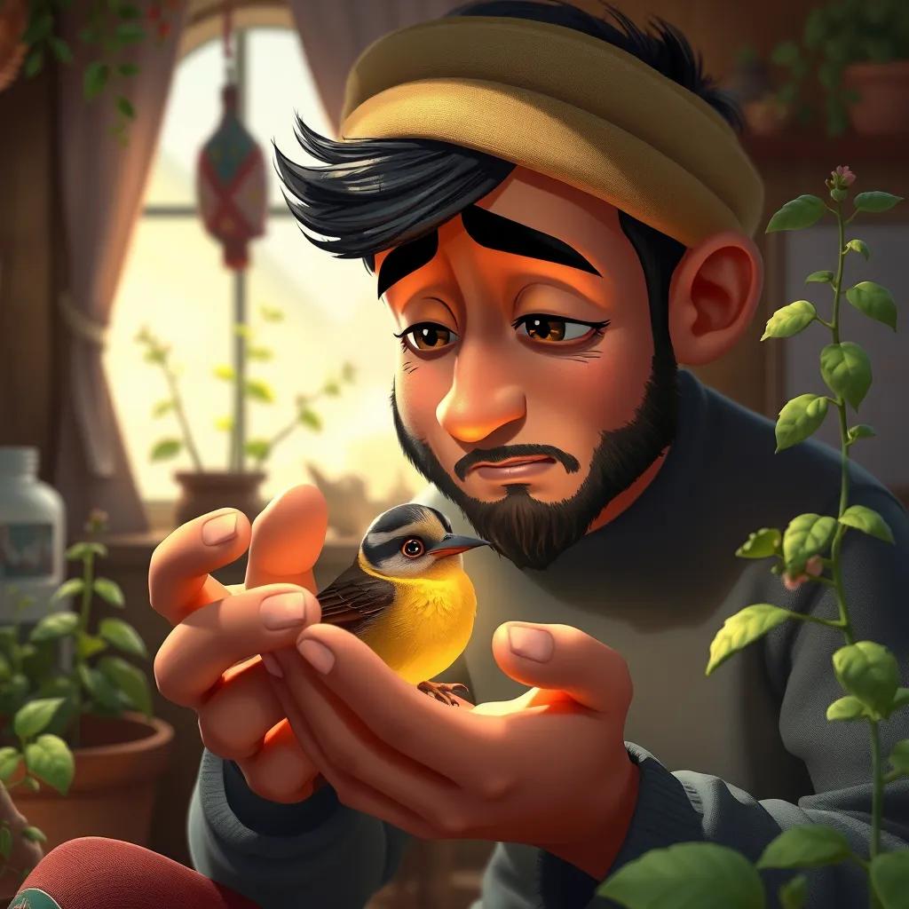 A close-up of Yasin gently holding a small injured bird in his hands, with a worried yet caring expression, surrounded by herbal plants, inside his cozy home, digital painting, heartwarming