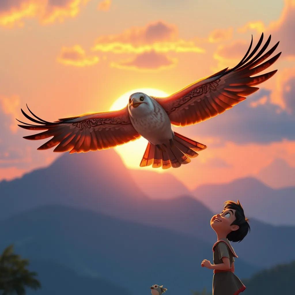 The healed bird flying high in the sky, with Yasin watching from below, amazed and joyful, watching the beautiful sunset behind a mountain backdrop, colorful scene, uplifting