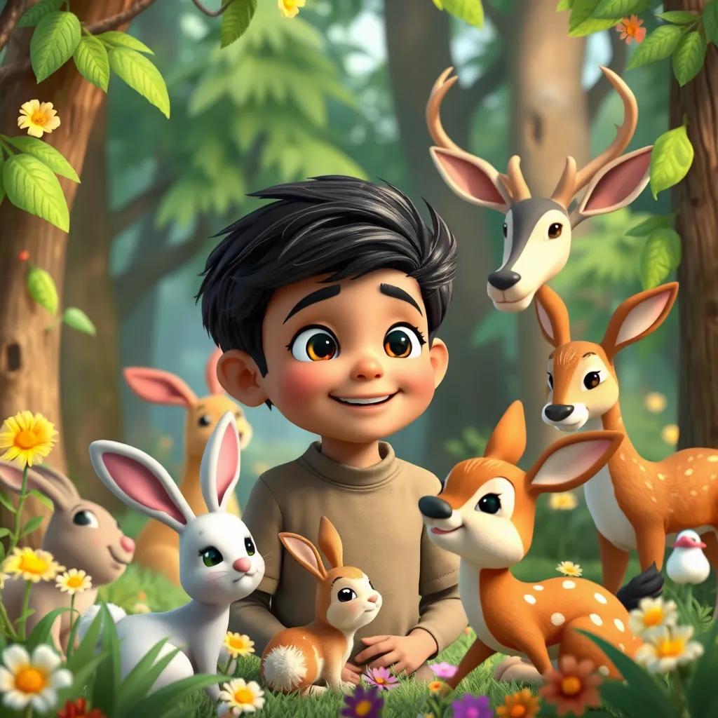 Yasin talking to various animals in the forest, with a smile on his face, surrounded by friendly woodland creatures like rabbits and deer, lush green trees and bright flowers, whimsical and cheerful, playful scene, child-friendly