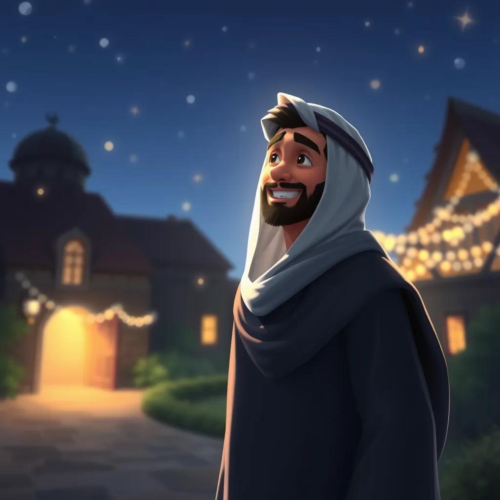 Yasin returning home at night, wearing his traditional thobe, surrounded by twinkling stars, feeling happy and content, with soft light reflecting on his face, warm and peaceful atmosphere, magical touch