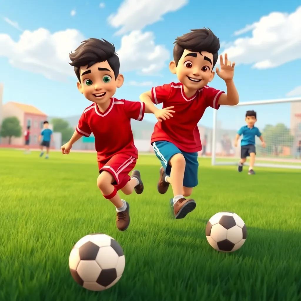 Yahya and Zakaria, two Arab boys about 9 years old, playing football with their friends in the schoolyard, Yahya is running with the ball, wearing a red jersey, Zakaria is guarding the goal in a blue shirt, vibrant green grass and blue sky, dynamic action scene, joyful, high quality