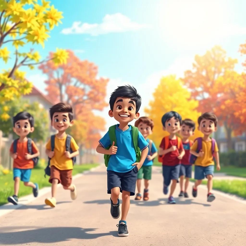 A sunny day with a group of happy young boys walking to school, Ahmed is leading with a bright smile, wearing a blue shirt and shorts, with a backpack, colorful trees along the way, joyful atmosphere, bright colors, cheerful vibe, detailed illustration