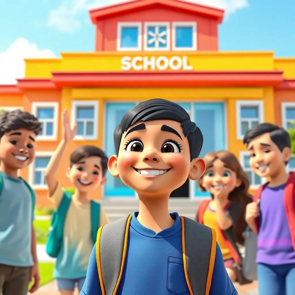Ahmed, a young Arab boy with short black hair, wearing a blue shirt and backpack, standing in front of a vibrant school building with his excited friends, a friendly teacher is waving at them, colorful aspect, joyful, bright sunny day, school environment, high quality