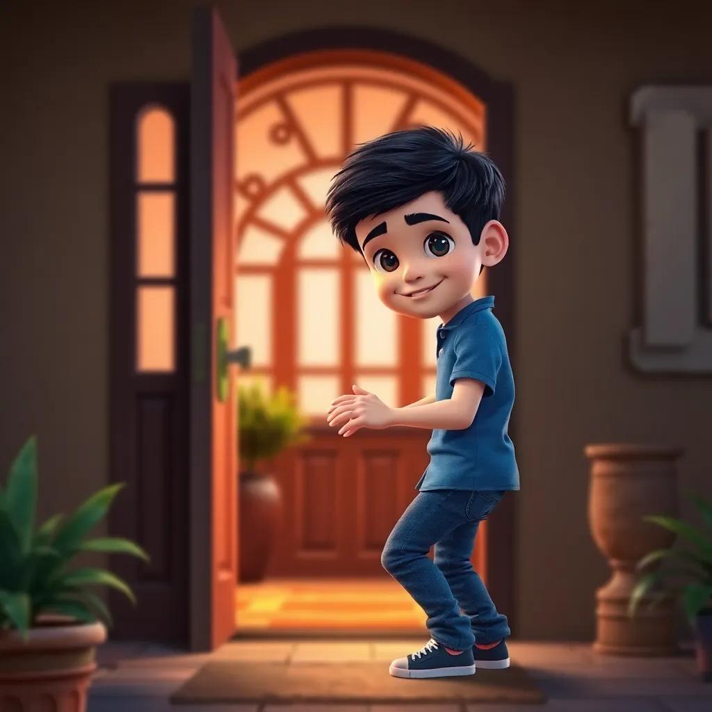 A young Arab boy, Ahmad, with short black hair, wearing a blue shirt and jeans, knocking gently on a door with a welcoming house behind him, digital art, warm colors, inviting atmosphere, high quality
