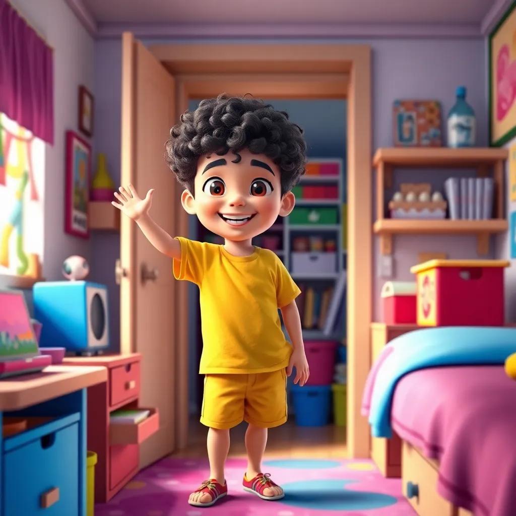 A young Arab boy, Murad, with curly hair, wearing a yellow t-shirt and shorts, happily welcoming his friend inside his colorful and organized room, digital art, bright colors, cheerful vibe, high quality