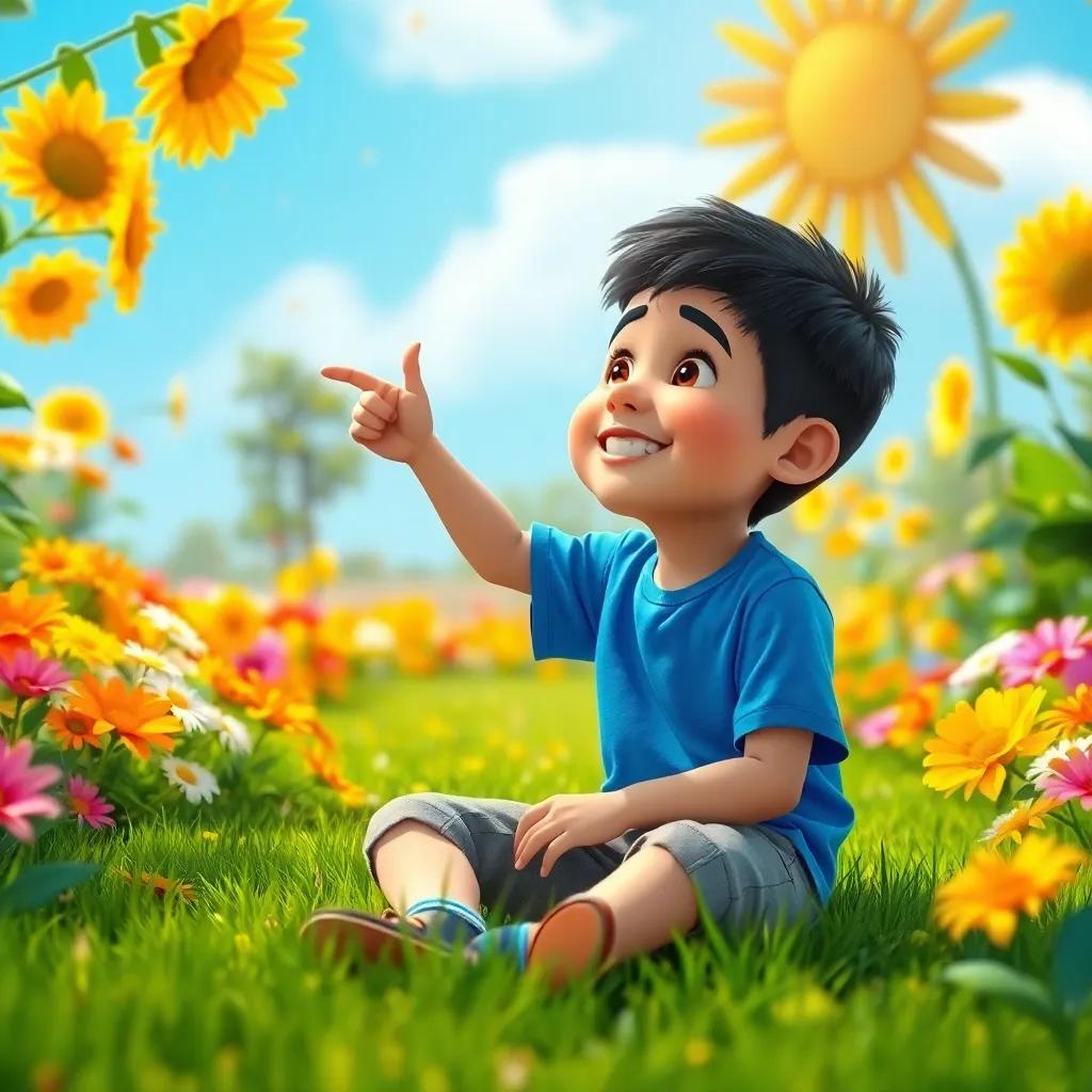 A sunny day in a colorful garden with flowers, Zaid, a 5-year-old Arab boy with short black hair wearing a blue t-shirt, sitting on the grass beside his mother, smiling and pointing at the sky while asking about geometric shapes, digital art, vibrant colors, cheerful atmosphere, high quality