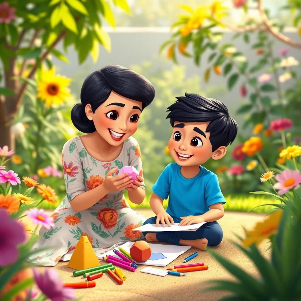 A colorful garden scene with Zaid, a 5-year-old Arab boy with short black hair wearing a blue t-shirt, sitting with his mother, who is wearing a floral dress, joyfully explaining the properties of geometric shapes, with drawing tools like colored pencils and paper spread around, friendly vibe, warm light, engaging view, high quality