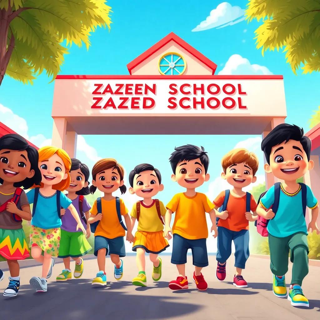 A group of happy children, wearing colorful clothes, heading towards Zayed School with big smiles, bright sunshine, blue sky, digital art, cheerful atmosphere, vibrant colors, engaging perspective, high quality