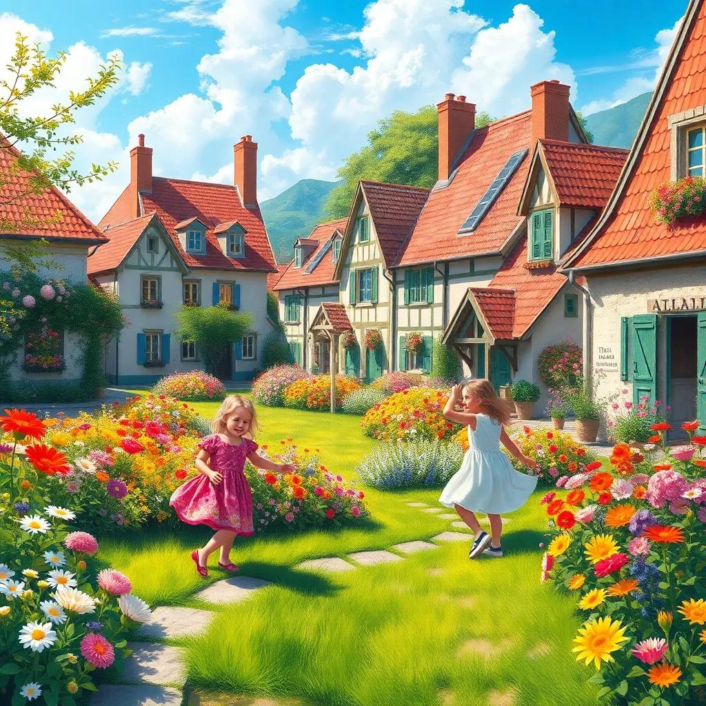 A beautiful flower-filled village, with colorful flowers in bloom, two little girls playing joyfully, a sunny bright atmosphere, charming scenery, digital art, vibrant colors, inviting view, high quality