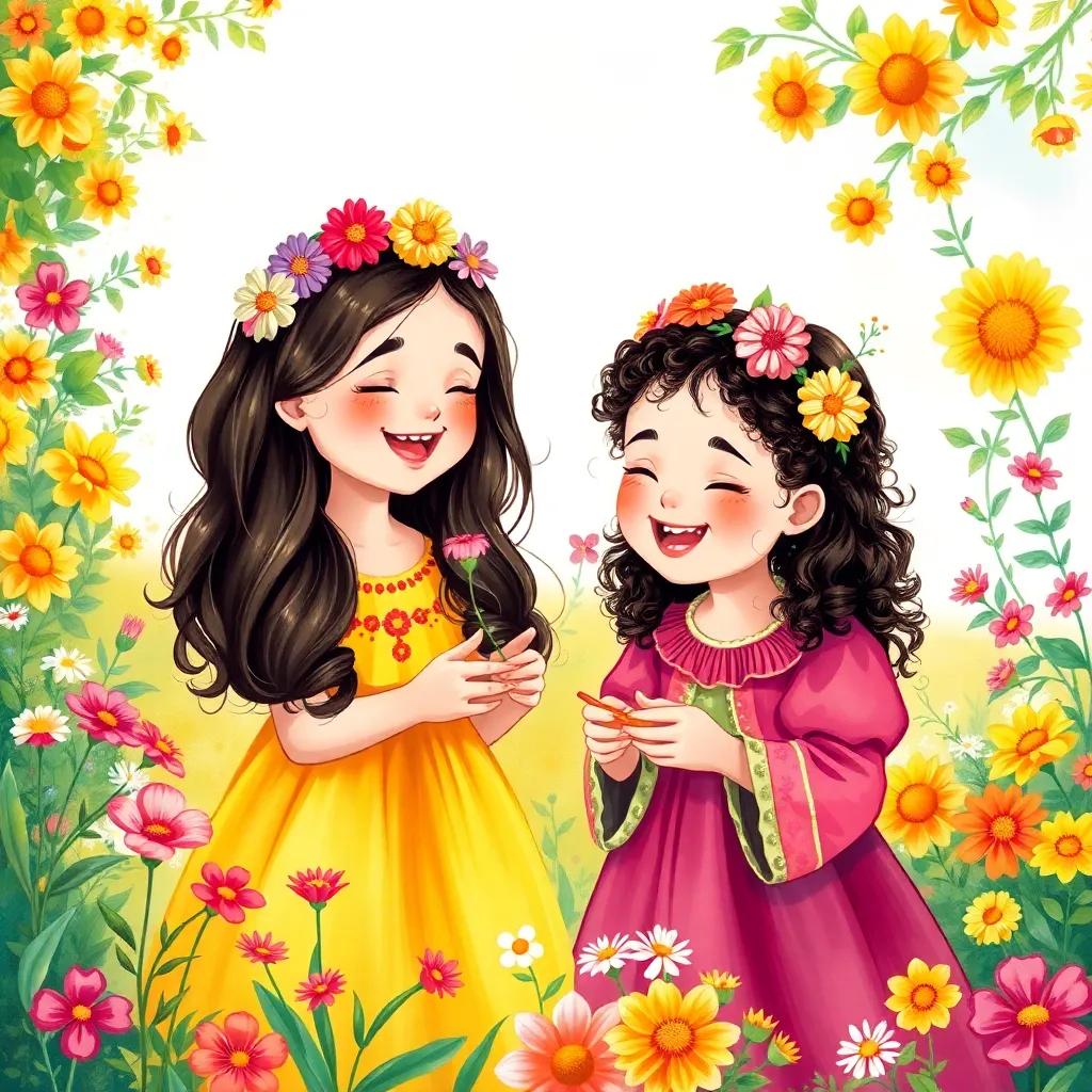 Two young girls, Yasmina, a little Arab girl with long, dark hair wearing a bright dress, and Zahra, a little Arab girl with short curly hair, wearing a colorful outfit, making flower crowns in a sunny garden, surrounded by colorful flowers and laughter, illustration, cheerful and happy, child-friendly