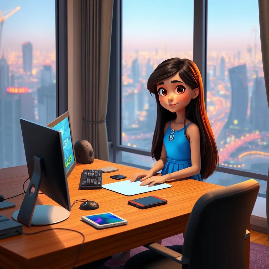 A 12-year-old girl, Layan, with long, dark hair, wearing a bright blue dress, sitting at her desk in a modern apartment in Riyadh, surrounded by gadgets and a city view, digital art, vibrant colors, warm atmosphere, high quality
