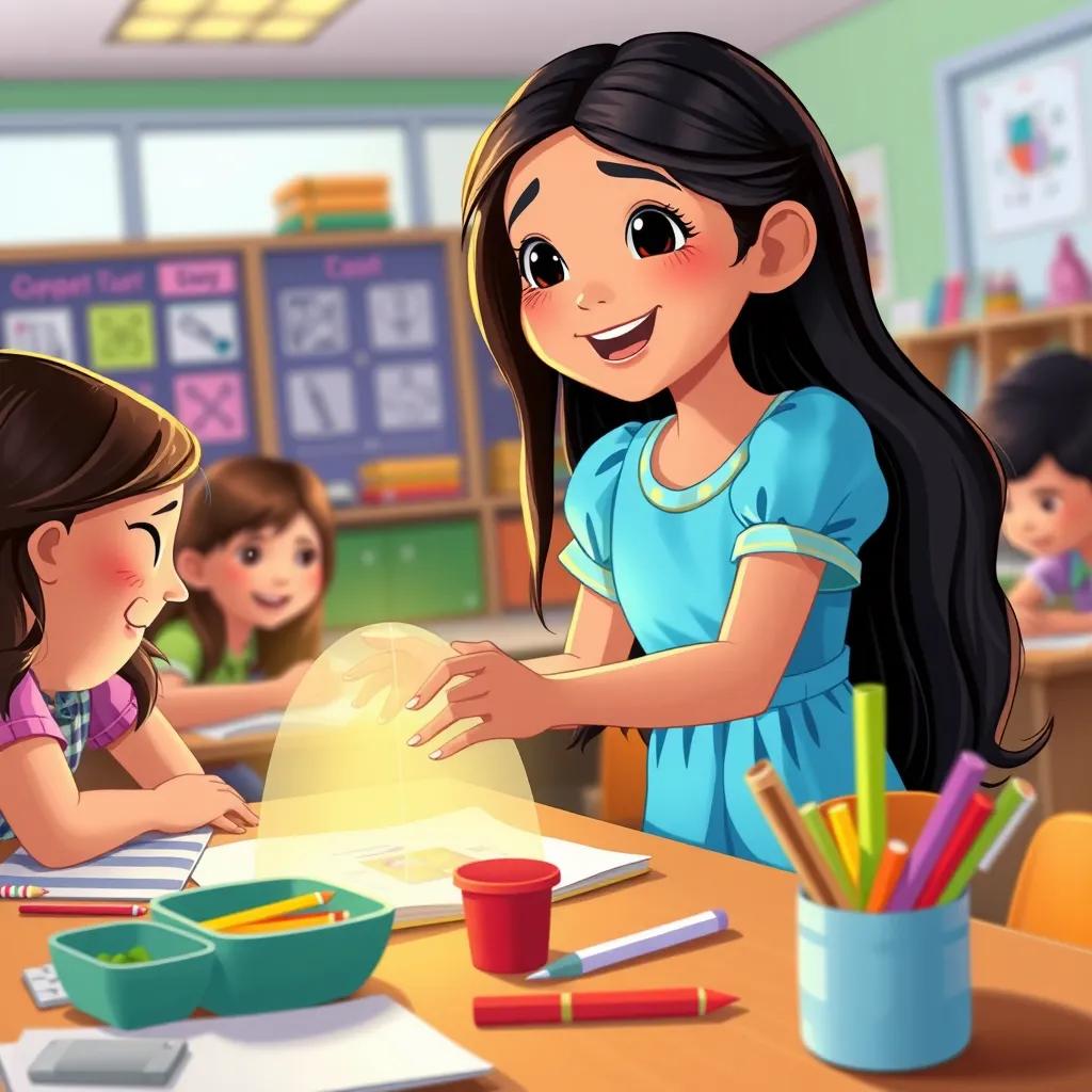 Layan, a 12-year-old girl with long, dark hair, wearing a bright blue dress, working enthusiastically on her project at school, with friends helping her, classroom full of colorful materials, illustration, cheerful, friendly vibe, high quality